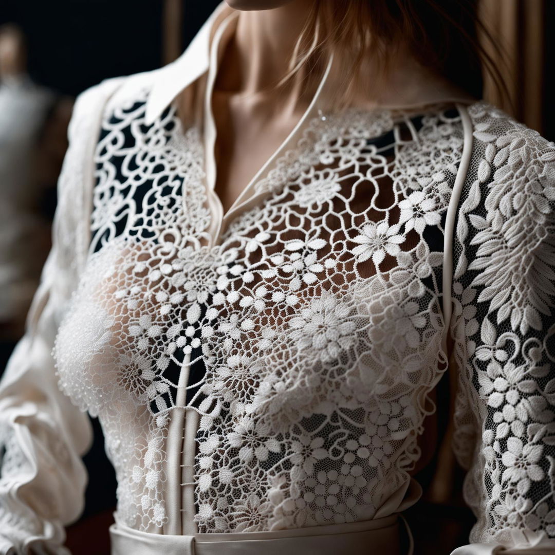 A high-definition editorial photograph showcasing a luxurious Japanese lace embroidery garment