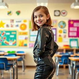 A young girl dressed in a shiny black outfit consisting of sleek black latex trousers and a fitted black latex shirt, standing confidently in a classroom setting
