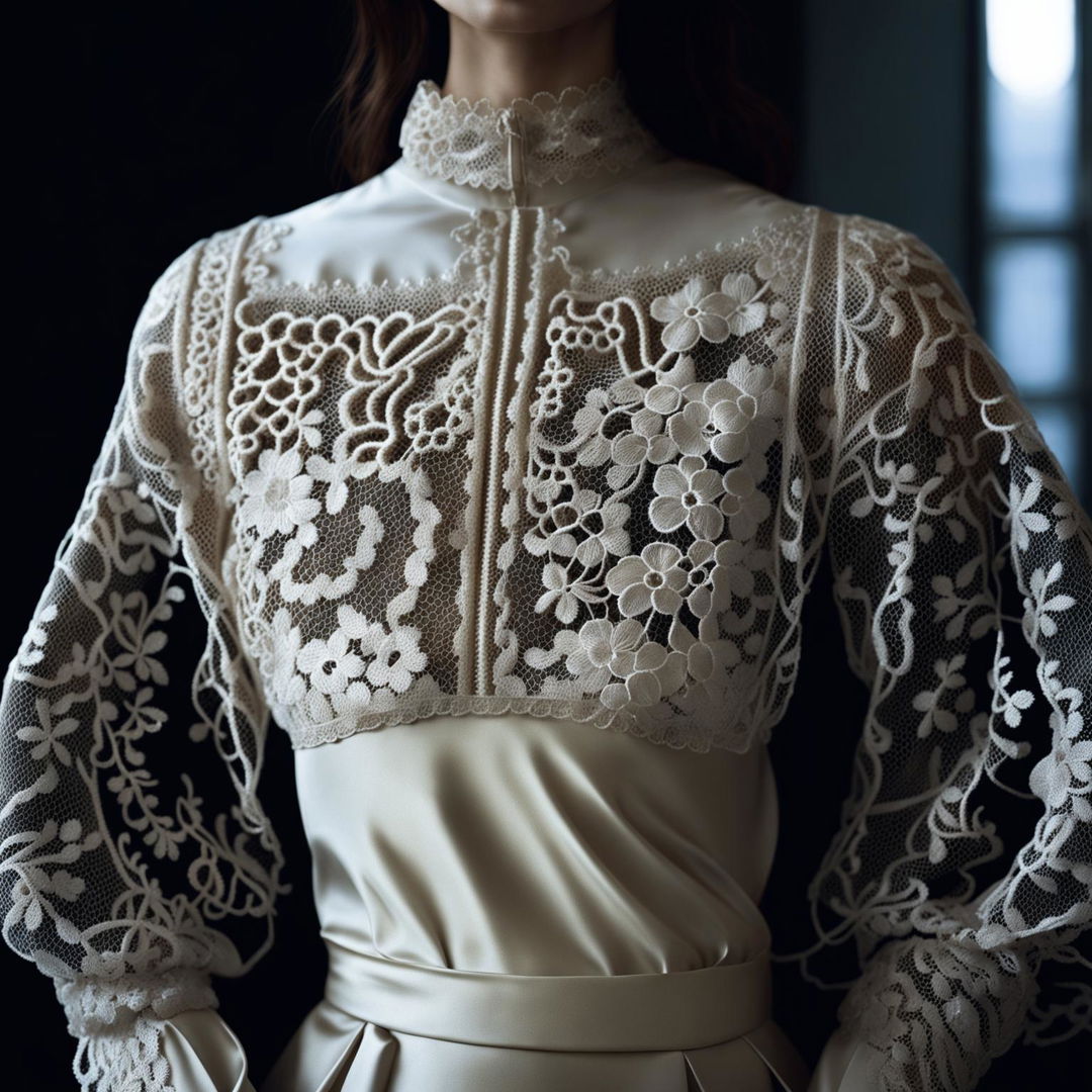 This is a high-definition editorial photograph featuring a beautiful Japanese lace embroidery garment with a silk lining