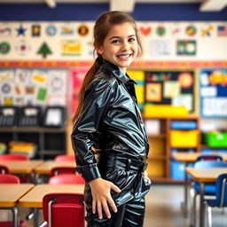 A young girl dressed in a shiny black outfit consisting of sleek black latex trousers and a fitted black latex shirt, standing confidently in a classroom setting