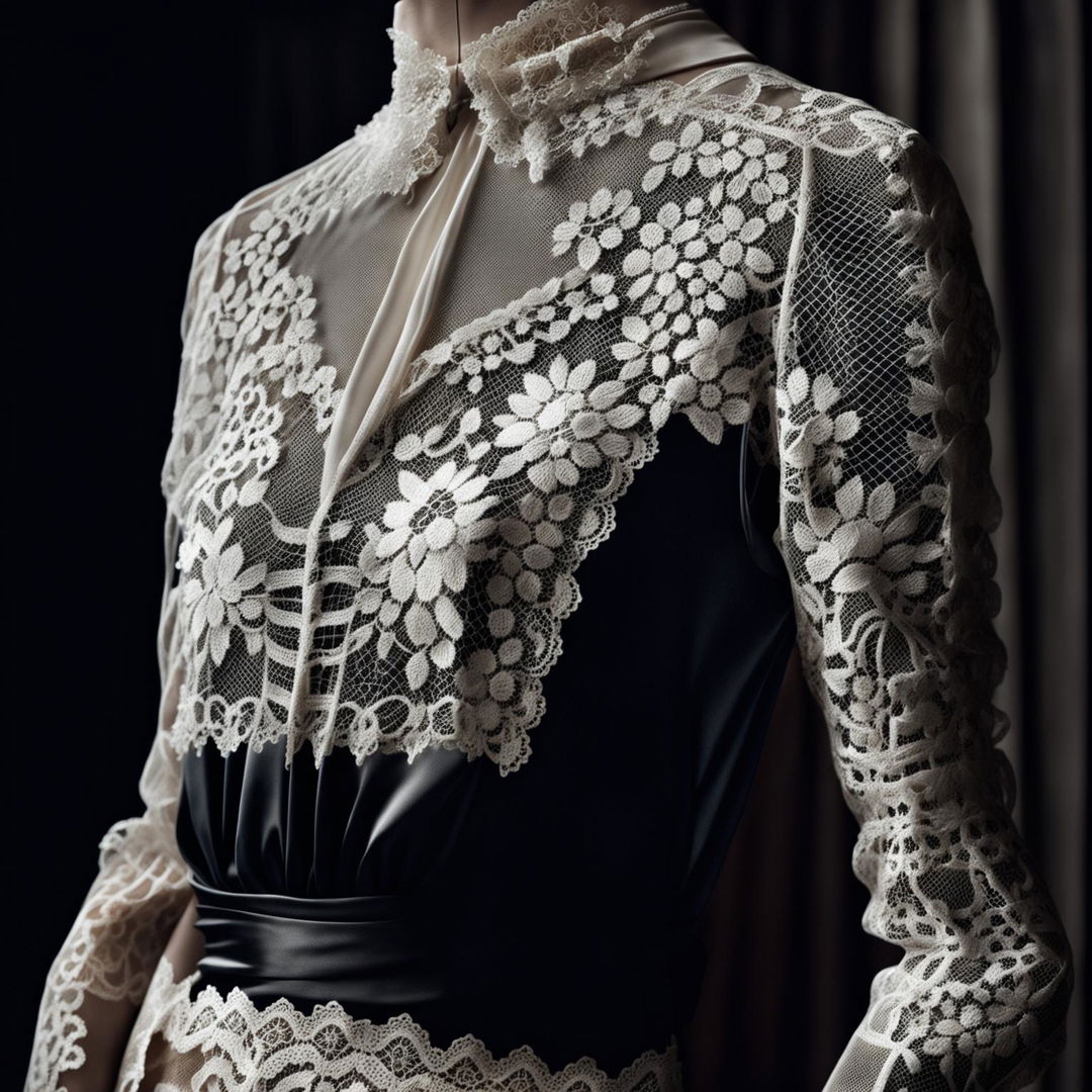 This high-definition editorial photograph features a different garment, with intricate lace overlaying lustrous silk