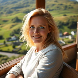 A 35-year-old woman with Scandinavian features, characterized by light blonde hair and bright blue eyes, relaxing in a picturesque setting in Ireland