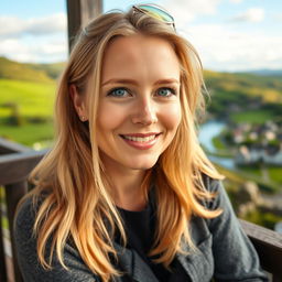 A 35-year-old woman with Scandinavian features, characterized by light blonde hair and bright blue eyes, relaxing in a picturesque setting in Ireland