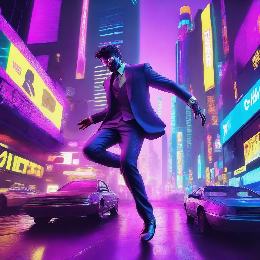 This digital art image portrays a man, dressed in a futuristic neon-accented suit, falling through a vibrant cyberpunk city