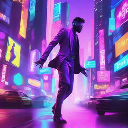 This digital art image portrays a man, dressed in a futuristic neon-accented suit, falling through a vibrant cyberpunk city