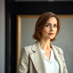 A woman aged between 30 and 35 years old with chestnut brown hair and European features, dressed in stylish and appropriate clothing