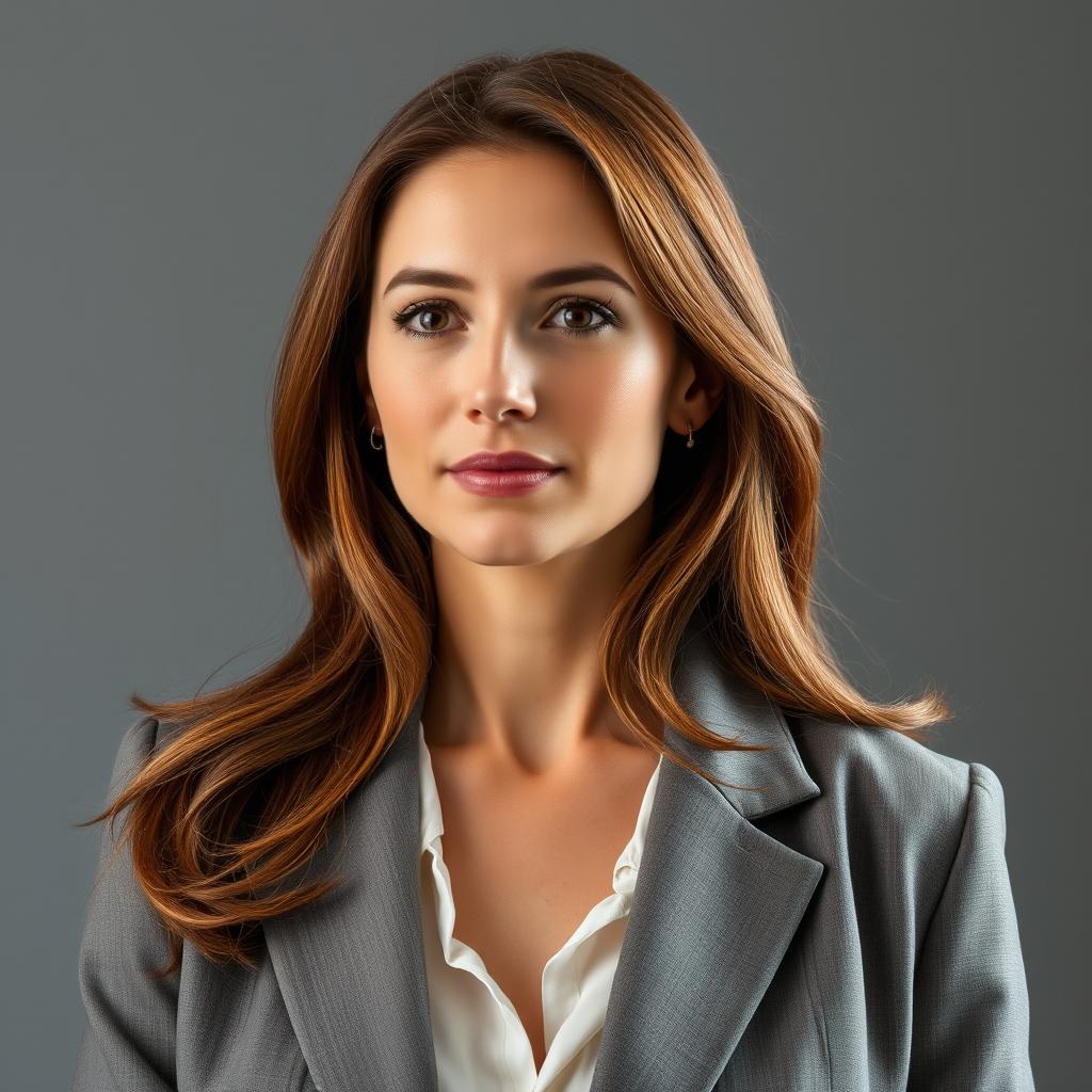 A woman aged between 30 and 35 years old with chestnut brown hair and European features, dressed in stylish and appropriate clothing