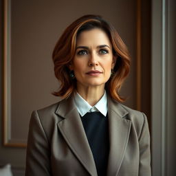 A woman aged between 30 and 35 years old with chestnut brown hair and European features, dressed in stylish and appropriate clothing
