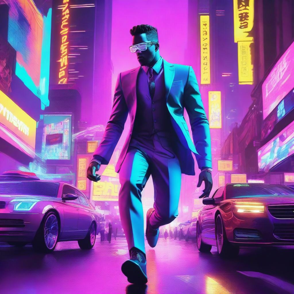 This digital art image portrays a man, dressed in a futuristic neon-accented suit, falling through a vibrant cyberpunk city