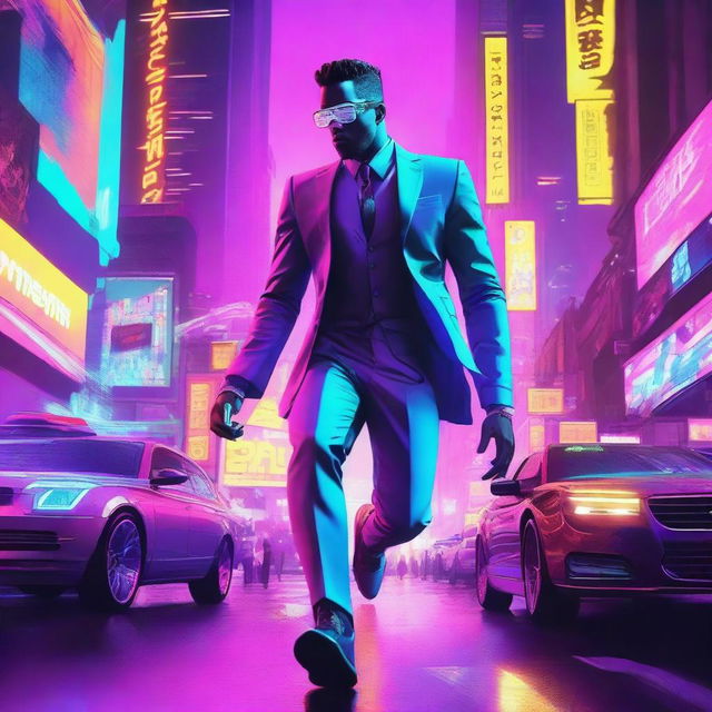 This digital art image portrays a man, dressed in a futuristic neon-accented suit, falling through a vibrant cyberpunk city