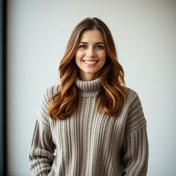 A woman aged between 30 and 35 years old with chestnut brown hair and European features, dressed in a cozy knitted sweater (kofta)