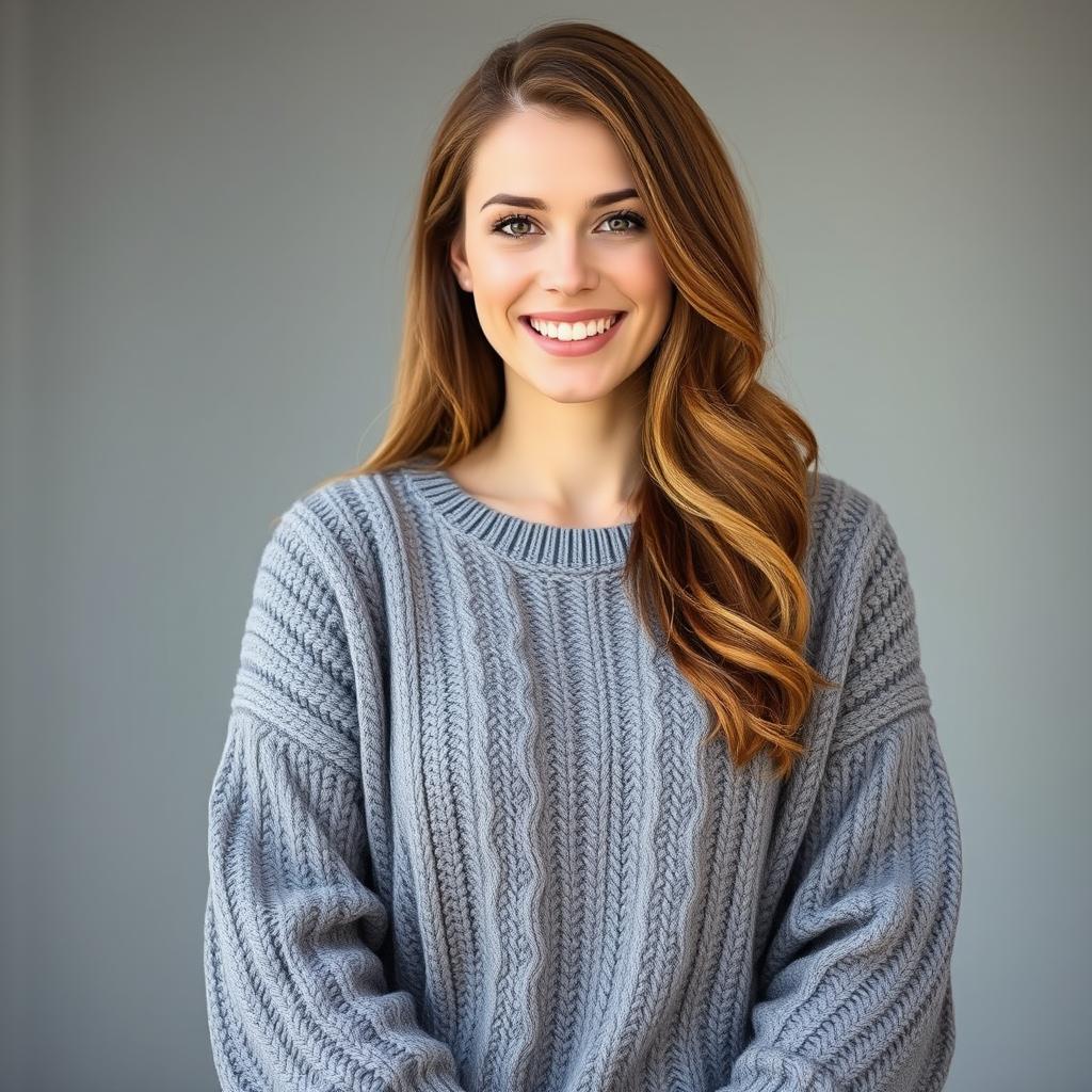A woman aged between 30 and 35 years old with chestnut brown hair and European features, dressed in a cozy knitted sweater (kofta)