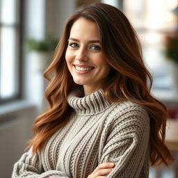 A woman aged between 30 and 35 years old with chestnut brown hair and European features, dressed in a cozy knitted sweater (kofta)