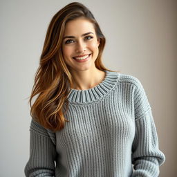 A woman aged between 30 and 35 years old with chestnut brown hair and European features, dressed in a cozy knitted sweater (kofta)