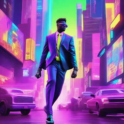 This digital art image portrays a man, dressed in a futuristic neon-accented suit, falling through a vibrant cyberpunk city