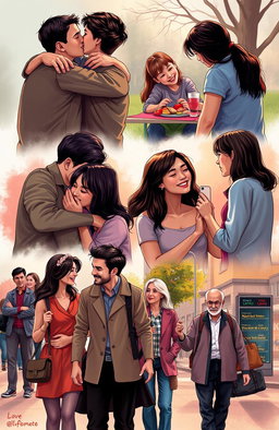 A deeply emotional portrayal of love in contemporary society, showcasing a diverse group of people engaged in various expressions of affection