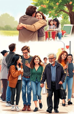 A deeply emotional portrayal of love in contemporary society, showcasing a diverse group of people engaged in various expressions of affection