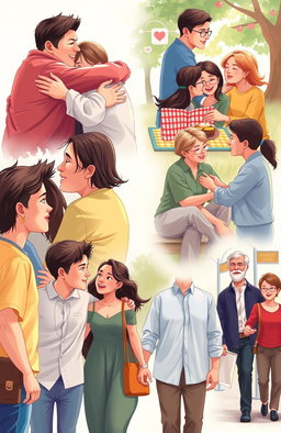 A deeply emotional portrayal of love in contemporary society, showcasing a diverse group of people engaged in various expressions of affection