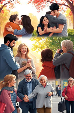 A deeply emotional portrayal of love in contemporary society, showcasing a diverse group of people engaged in various expressions of affection