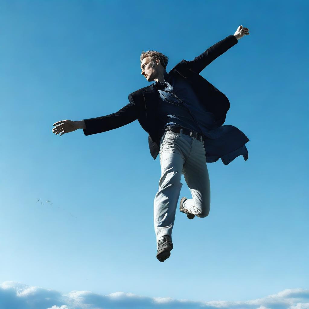 In this high-quality digital art, a man is portrayed in mid-fall from the sky, his body angled downwards and his clothes fluttering around him