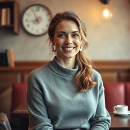 An engaging portrait of a 38-year-old woman named Isabelle, exuding confidence and warmth