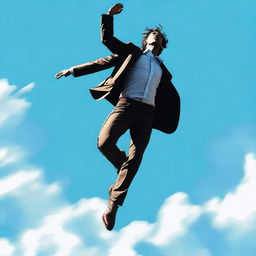 In this high-quality digital art, a man is portrayed in mid-fall from the sky, his body angled downwards and his clothes fluttering around him