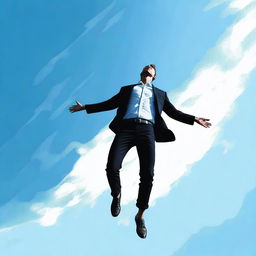 In this high-quality digital art, a man is portrayed in mid-fall from the sky, his body angled downwards and his clothes fluttering around him