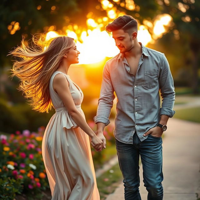 A touching moment between a couple, a man and a woman, holding hands tightly as they part ways