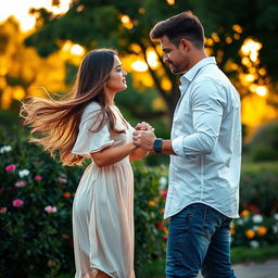 A touching moment between a couple, a man and a woman, holding hands tightly as they part ways