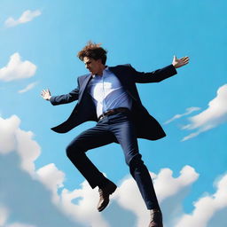 In this high-quality digital art, a man is portrayed in mid-fall from the sky, his body angled downwards and his clothes fluttering around him