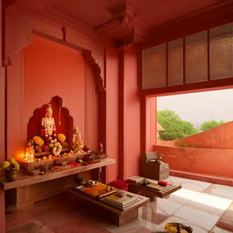 A tranquil Pooja room design located in the north-east, incorporating traditional Indian spiritual elements