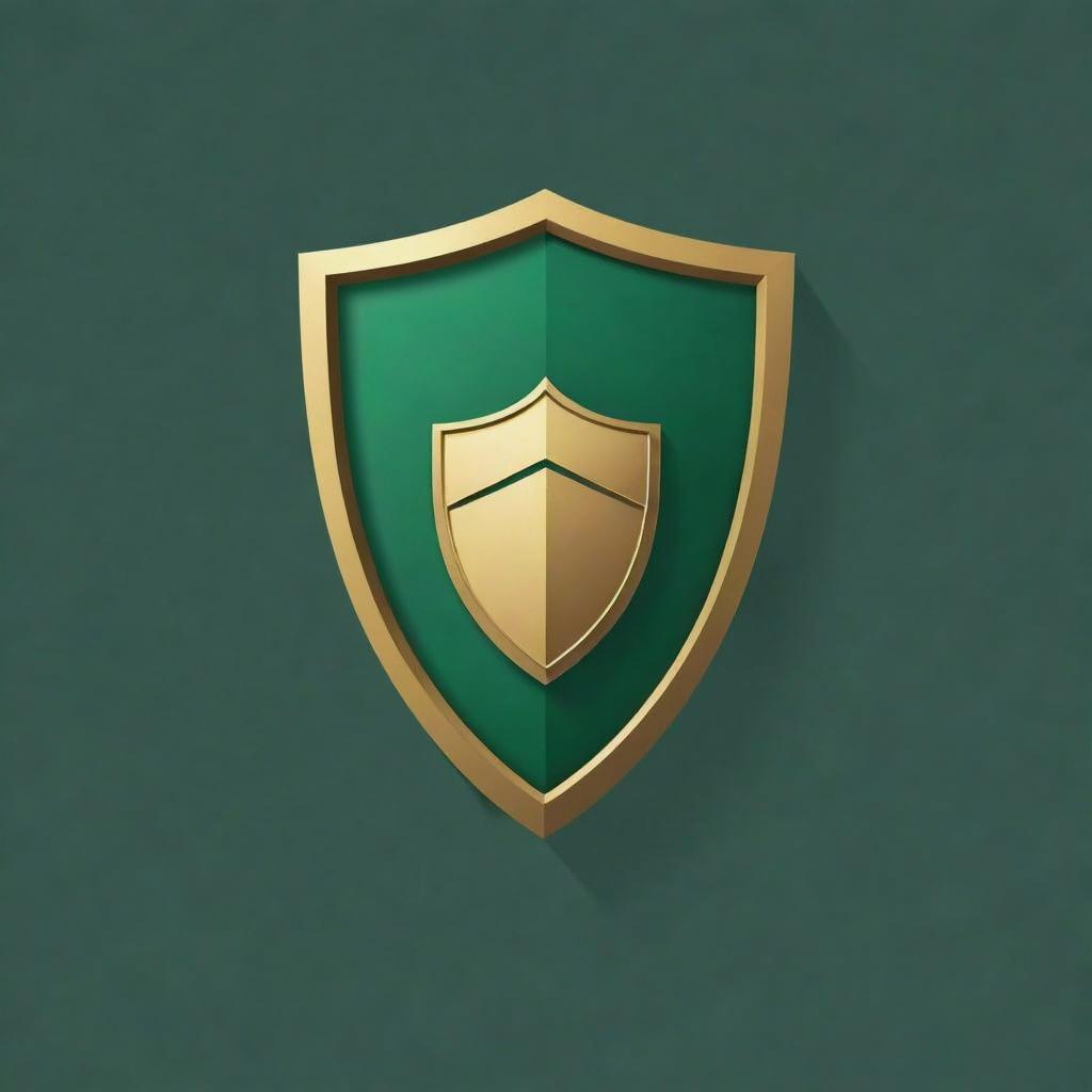 A sleek shield logo featuring a glossy green surface with a gold outline