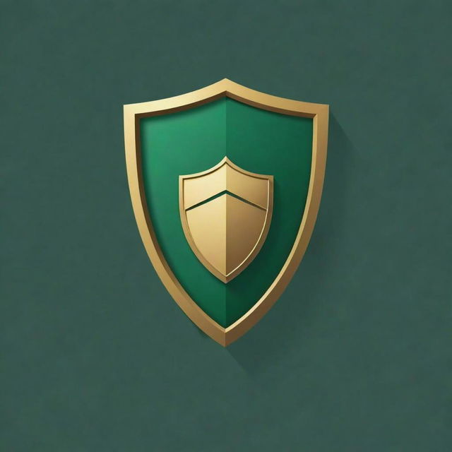 A sleek shield logo featuring a glossy green surface with a gold outline