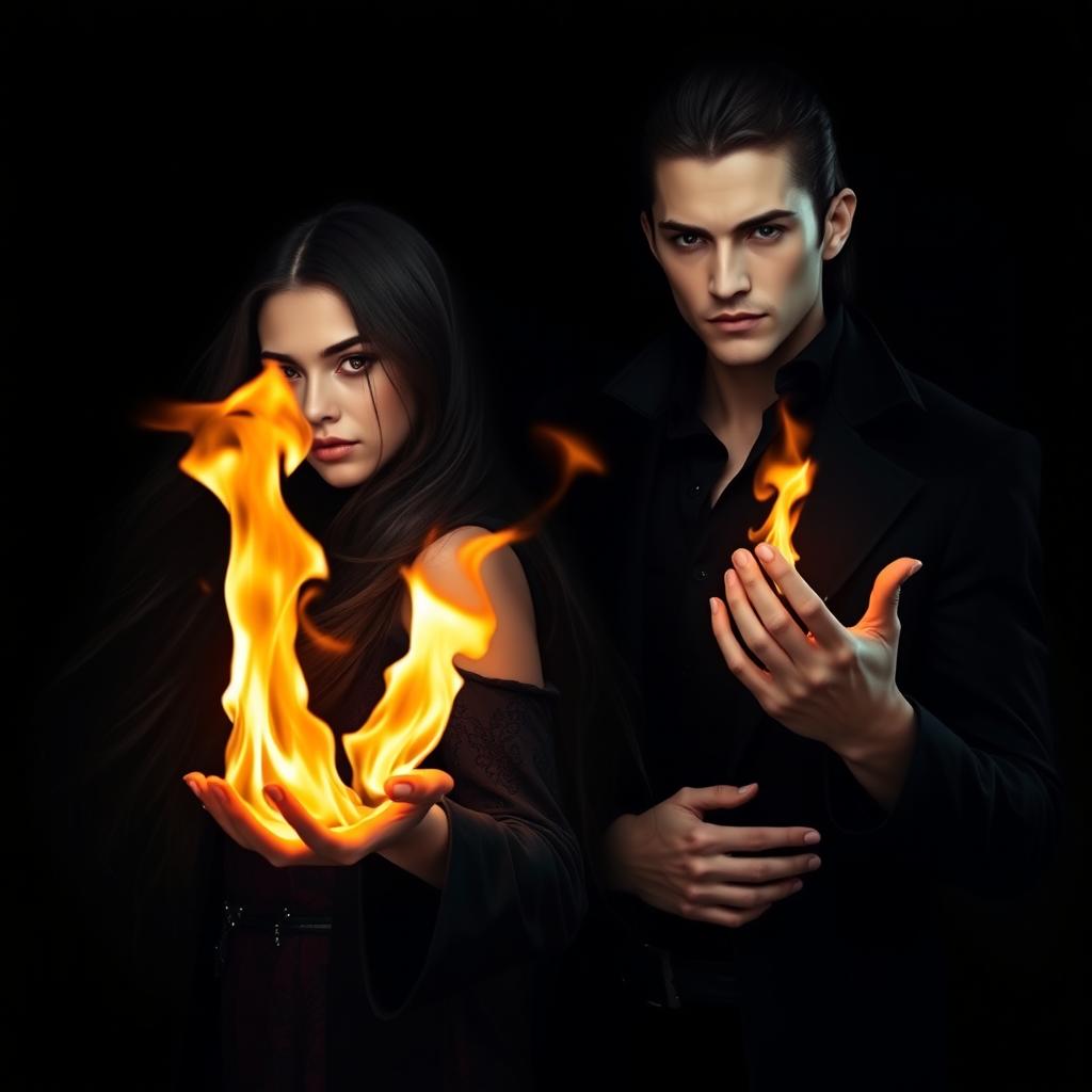 On a black background, a girl with long, flowing dark hair casting vibrant flames from her palms, showcasing her powerful and mystical presence