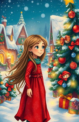 A whimsical Christmas scene depicting a young girl with long flowing hair and a bright red dress, looking determinedly through a snowy, festive village to find her missing brother