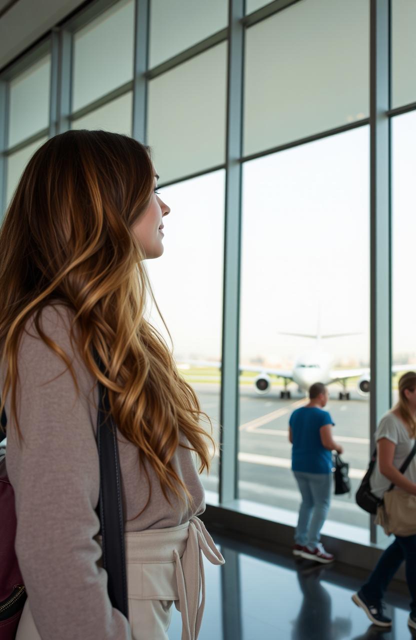 A young woman standing in an airport terminal, gazing out of a large window as an airplane prepares for takeoff on the runway