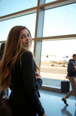 A young woman standing in an airport terminal, gazing out of a large window as an airplane prepares for takeoff on the runway