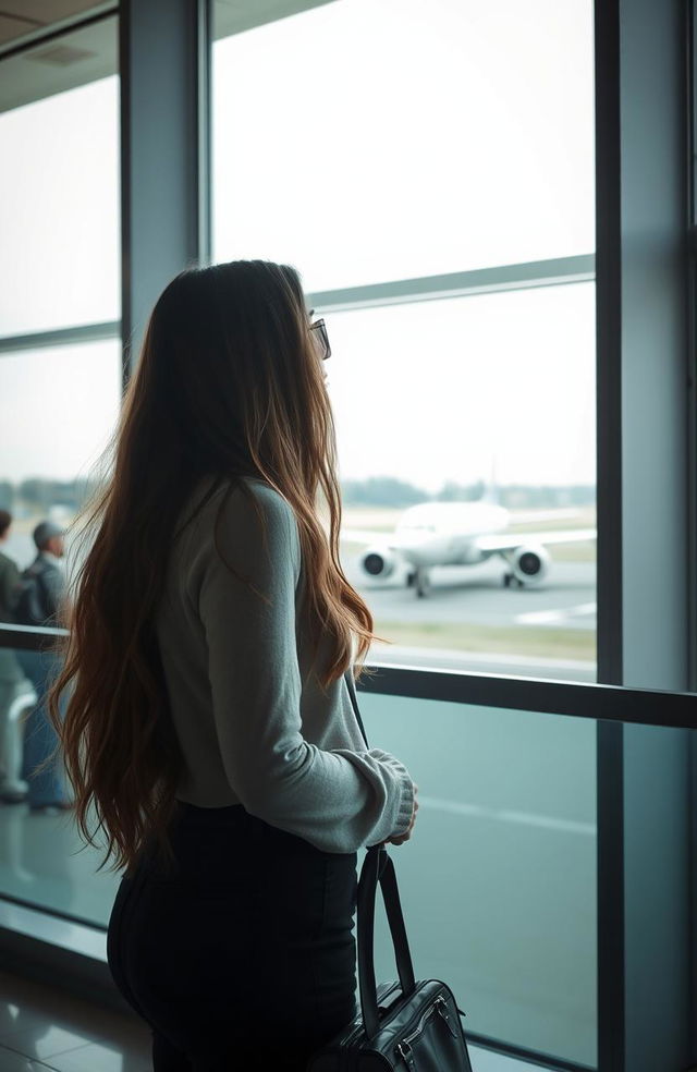 A young woman standing in an airport terminal, gazing out of a large window as an airplane prepares for takeoff on the runway