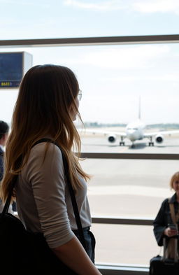 A young woman standing in an airport terminal, gazing out of a large window as an airplane prepares for takeoff on the runway