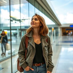 A young woman standing in an airport terminal, gazing out of a large glass window as a bright and colorful airplane takes off in the distance