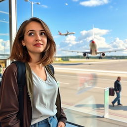 A young woman standing in an airport terminal, gazing out of a large glass window as a bright and colorful airplane takes off in the distance