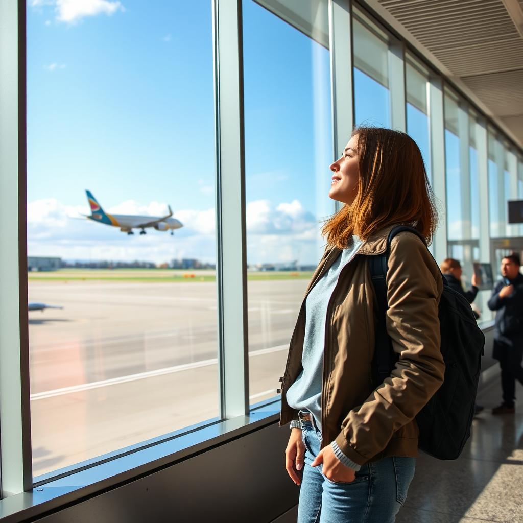 A young woman standing in an airport terminal, gazing out of a large glass window as a bright and colorful airplane takes off in the distance