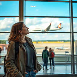 A young woman standing in an airport terminal, gazing out of a large glass window as a bright and colorful airplane takes off in the distance