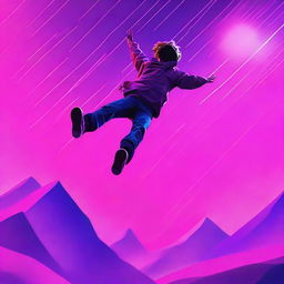 A high-quality digital rendering of a teenager falling from a synthwave sky