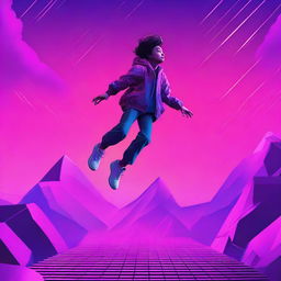 A high-quality digital rendering of a teenager falling from a synthwave sky