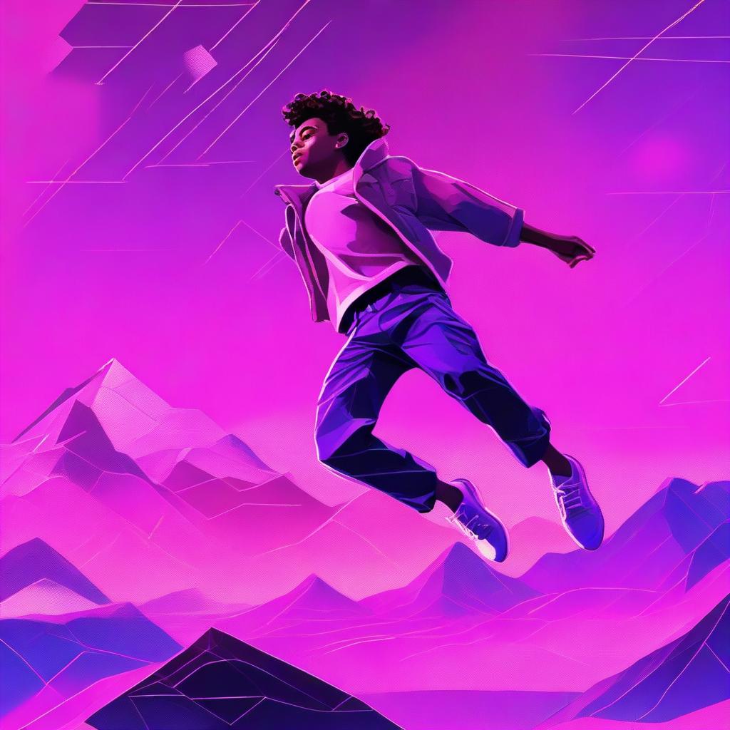 A high-quality digital rendering of a teenager falling from a synthwave sky