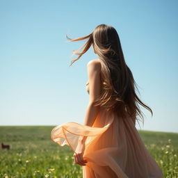 A young woman standing in a field, viewed from a low angle looking up at the sky