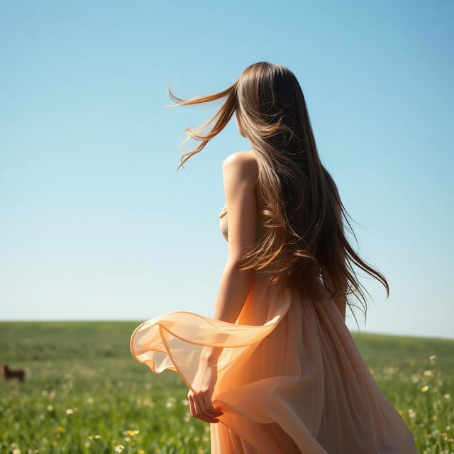 A young woman standing in a field, viewed from a low angle looking up at the sky