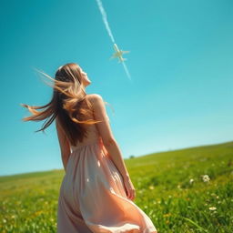 A young woman standing in a field, viewed from a low angle looking up at the sky