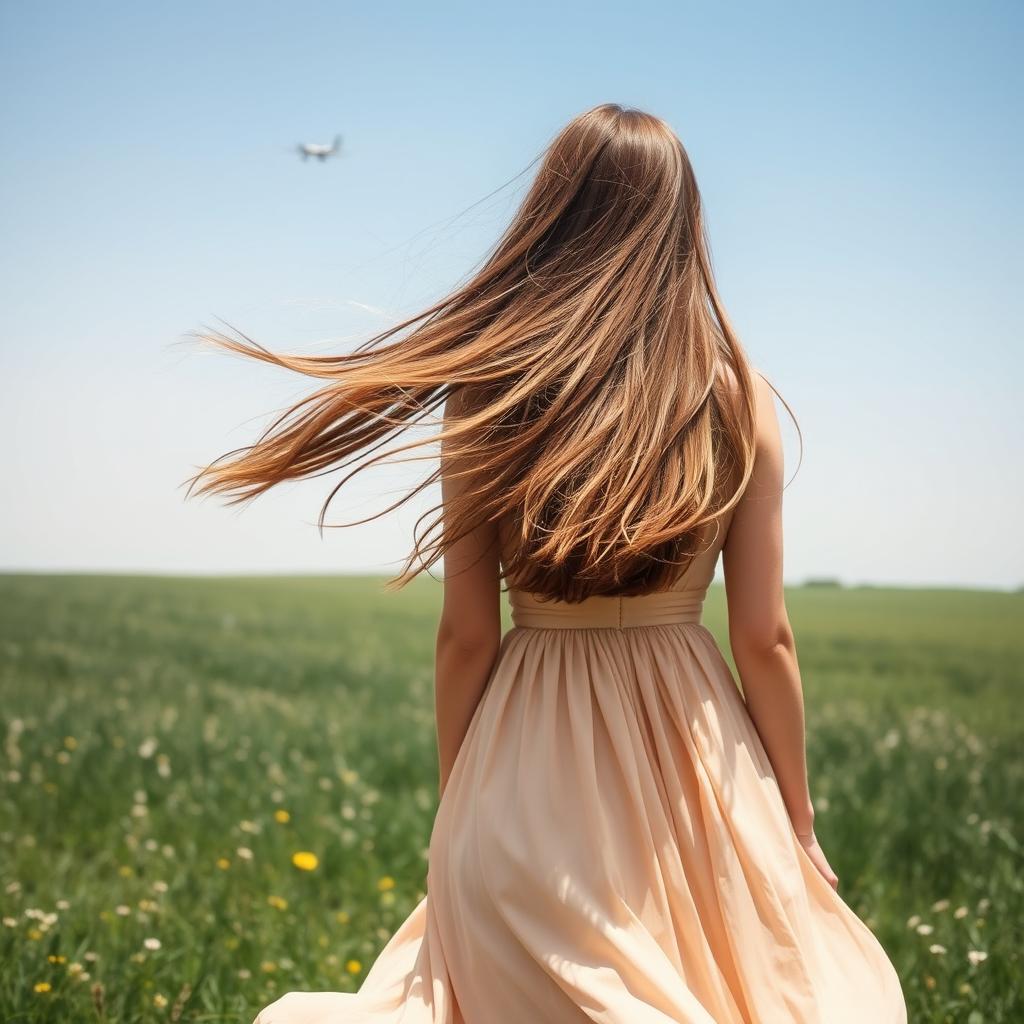 A young woman standing in a field, viewed from a low angle looking up at the sky